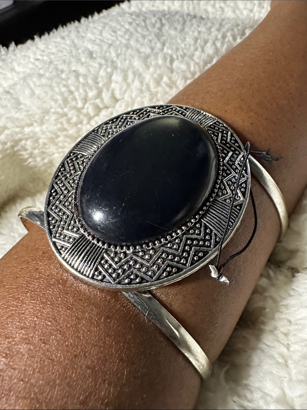 Wide Boho Black Stone Silver-Tone Cuff Bracelet